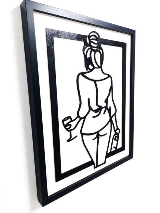 Wine Time Girl - Laser Cut Wooden Wall Art, Framed - 53cm x 43cm x 3cm